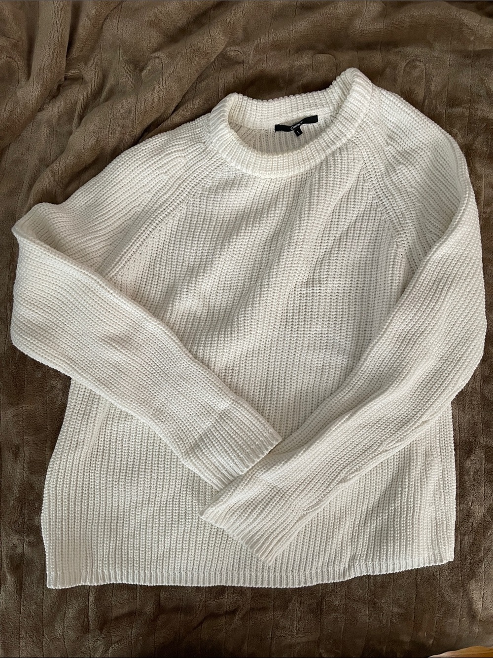 Quince 100% Organic Cotton Fisherman Crew Sweater Size L White Chunky Ribbed
